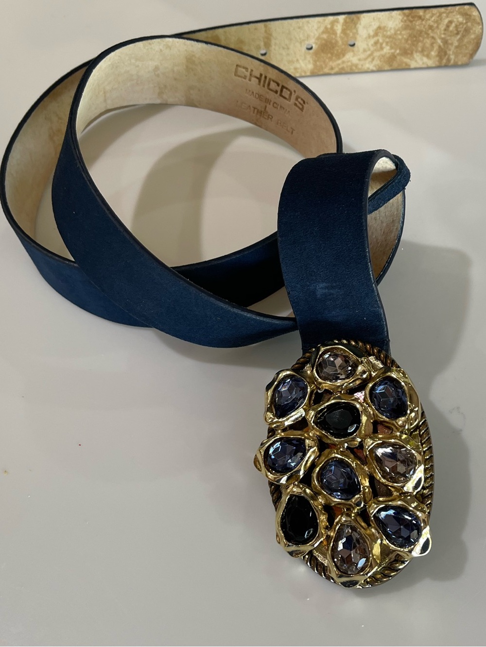 Chico's Navy Suede Belt with Gold Multigem Buckle